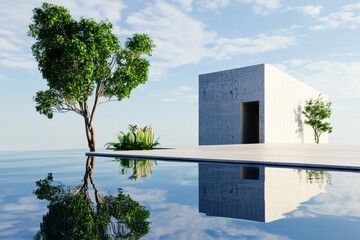 Tranquil Lake Reflection, serene waters mirroring lush surroundings, emphasizing stillness and simplicity in a calming natural environment, inviting peaceful contemplation