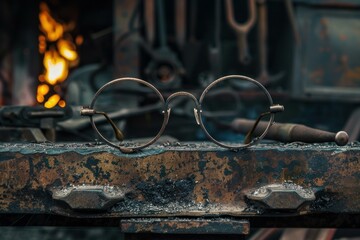 Round eyeglasses are resting on an anvil in a blacksmith's workshop, with a burning forge in the background