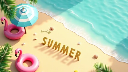 Colorful summer sale banner featuring a tropical beach, palm leaves, umbrella, flamingo float, and seashells. Ideal for promotions, seasonal discounts, and travel ads.