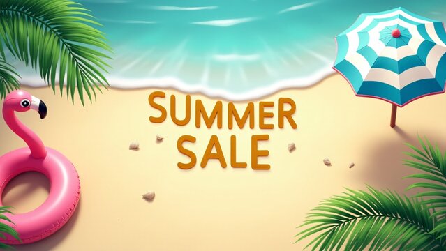 Colorful summer sale banner featuring a tropical beach, palm leaves, umbrella, flamingo float, and seashells. Ideal for promotions, seasonal discounts, and travel ads. - Powered by Adobe