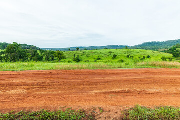 Landscape of gravel road in countryside with meadow in the fog. Road in rainy season. Side view of...