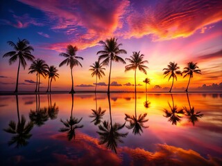 Obraz premium Breathtaking Minimalist Tropical Sunset with Palm Trees Silhouetted Against the Ocean Reflection, Capturing the Serenity of Nature in Vibrant Colors and Calm Waters