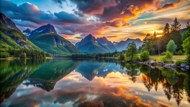 Breathtaking Low Light Scenic Views Over Oldevatnet Lake Surrounded by Majestic Mountains Reflecting in the Water at Twilight with a Dreamy Atmosphere and Soft Colors