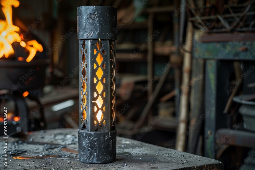 Poster black metal lantern standing on workbench with burning forge in background in a blacksmith workshop