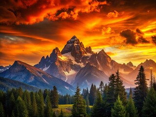 Obraz premium Breathtaking Mountain Landscape at Sunset with Vibrant Orange Sky Over Majestic Peaks Perfect for Nature Lovers and Travel Enthusiasts Capturing the Beauty of the Great Outdoors