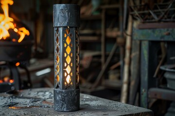 Black metal lantern standing on workbench with burning forge in background in a blacksmith workshop