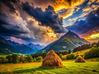 Fototapeta premium Breathtaking Mountain Landscape with Expansive Sky and Rustic Haystack in Urban Exploration Photography Style