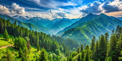 Fototapeta premium Breathtaking Mountain Landscape Featuring Lush Green Mountains, Towering Pine Forests, and a Clear Blue Sky for Nature Lovers and Adventure Enthusiasts