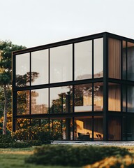 Fototapeta premium Modern glass and wood house surrounded by greenery, showcasing contemporary architecture.