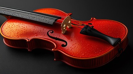 Obraz premium Red violin with water droplets on dark background.