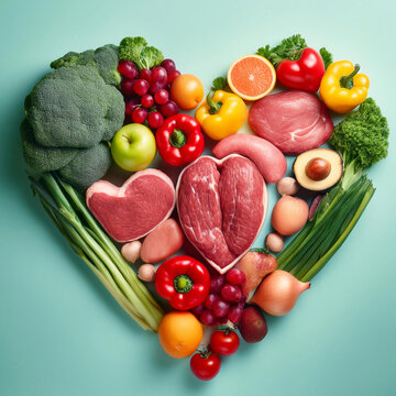 carne, frutas, vegetales dieta balanceada antioxidante en forma de corazon, concepto de corazon y alimentacion saludable rica en proteinas, vitaminas, magnesio y calcio