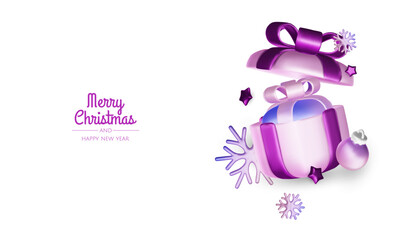Obraz premium Happy New Year and Merry Christmas. Christmas holiday background with realistic 3d objects, violet and white bauble balls, conical metal stars, gift. Levitation falling design composition.