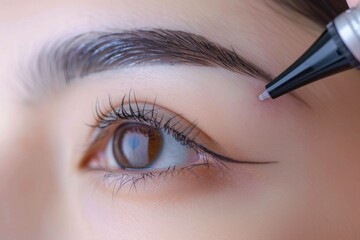 Naklejka premium Young woman applying makeup on her eyebrows with precision, showcasing beauty and self-care routine. Close-up on eye and brow enhancements for a polished look.