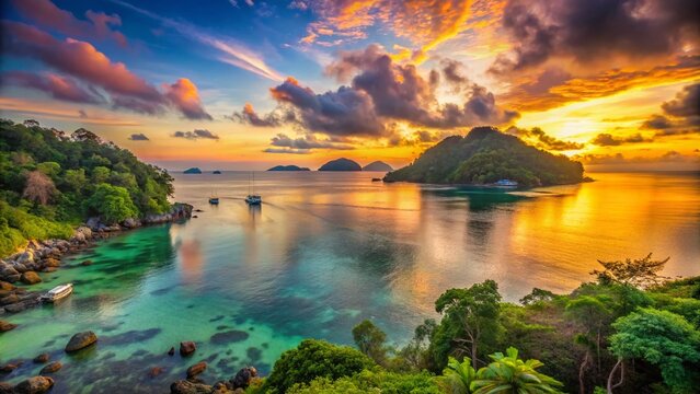 Breathtaking Portrait Photography of a Serene Sea View at Koh Miang, Capturing the Tranquility of Nature and the Vibrant Colors of the Ocean and Sky at Sunset