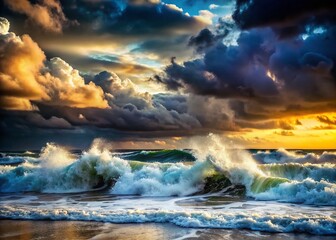Fototapeta premium Breathtaking Silhouette of Ocean Waves Crashing Against the Shore in Stormy Weather, Capturing the Power and Beauty of Nature in Dark Tones and Dramatic Skies