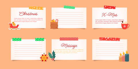 Design a cheerful Christmas multiple note paper. Each note has a white background with colorful decorative tape at the top