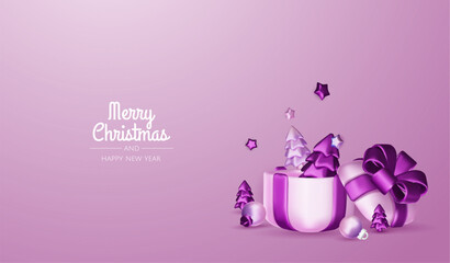 Happy New Year and Merry Christmas. Christmas holiday background with realistic 3d objects, bauble balls, conical metal stars. Levitation falling design composition.