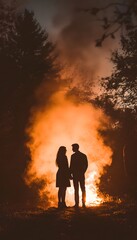 A couple is standing in front of a fire with smoke