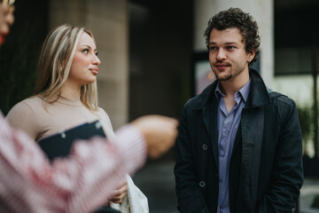 A group of young business professionals engaged in an outdoor discussion. They appear focused and engaged, representing teamwork and collaboration in a modern professional setting.