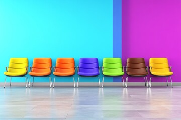 Colorful Geometric Seating Arrangement, vibrant rows of chairs in a minimalist space, showcasing a clean design with a focus on color and shape, inviting and open atmosphere