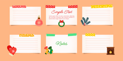 Design a cheerful Christmas multiple note paper. Each note has a white background with colorful decorative tape at the top