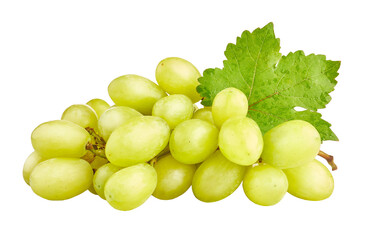 Cluster of ripe white grapes with green leaf. Yellow organic natural fruit isolated on background. PNG.