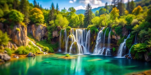 Fototapeta premium Breathtaking Tilt-Shift Photography of a Majestic Waterfall Cascading into a Serene Lake Surrounded by Lush Greenery and Stunning Rock Formations in a Picturesque Natural Landscape
