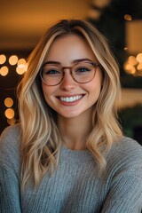 A jolly woman with blonde hair wearing glasses smiley face
