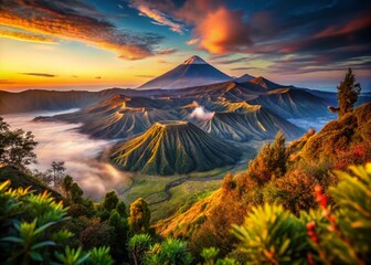 Fototapeta premium Breathtaking Tilt-Shift View from the Summit of Mount Bromo, Capturing the Majestic Landscape of East Java with Volcanic Craters and Lush Greenery in Stunning Detail