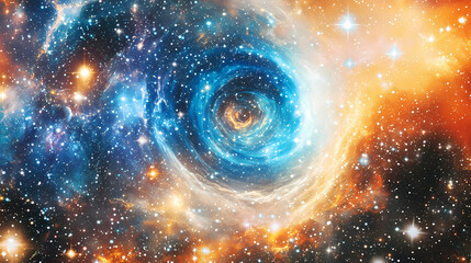 A blue and orange spiral hole in space with a lot of stars. the hole is surrounded by a lot of stars and the colors are bright and vivid. Cosmic Spiral Nebula. Illustration