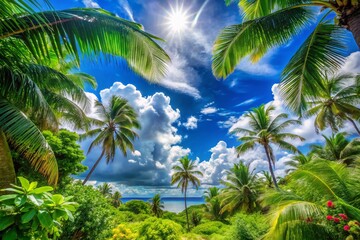 Obraz premium Breathtaking Tropical Blue Sky with Fluffy White Clouds Perfect for Summer Travel and Holiday Inspiration, Evoking Serenity and Adventure in the Great Outdoors