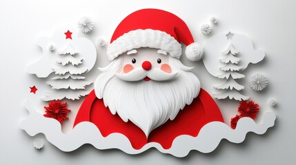 Fototapeta premium Cheerful Santa Claus with a Whimsical Design Surrounded by Festive Elements like Trees, Snowflakes, and Stars for a Joyful Holiday Atmosphere