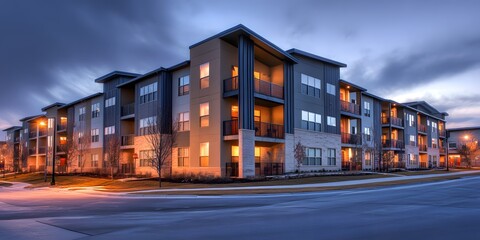Modern apartment complex at dusk with warm lights and cloudy sky.