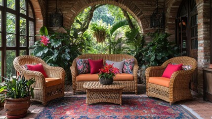 Fototapeta premium Cozy Outdoor Living Space with Rattan Furniture, Colorful Cushions, and Tropical Plants Surrounded by Lush Greenery in a Beautiful Garden Retreat