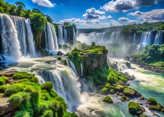 Fototapeta premium Breathtaking View of Iguazu Falls in Brazil with Lush Greenery and Misty Waterfalls Captured on a Sunny Day, Perfect for Nature Lovers and Travel Enthusiasts