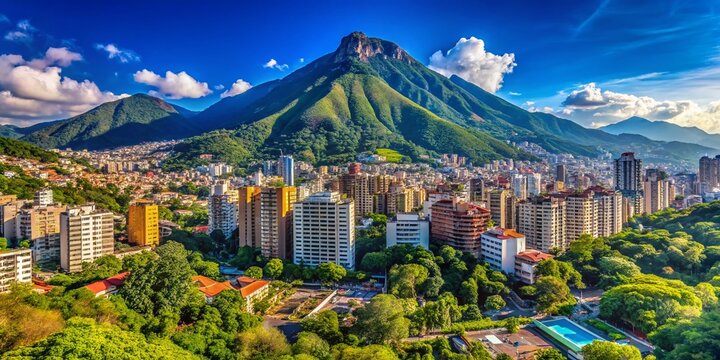 Breathtaking View of El &Aacute;vila Mountain in Caracas, Venezuela, Showcasing the Lush Greenery and Urban Landscape Beneath the Iconic Peak with a Clear Blue Sky Above