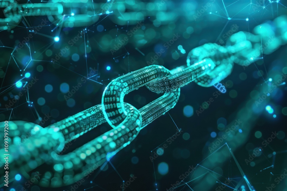 Poster glowing digital chain is connecting on blue network background representing blockchain technology co