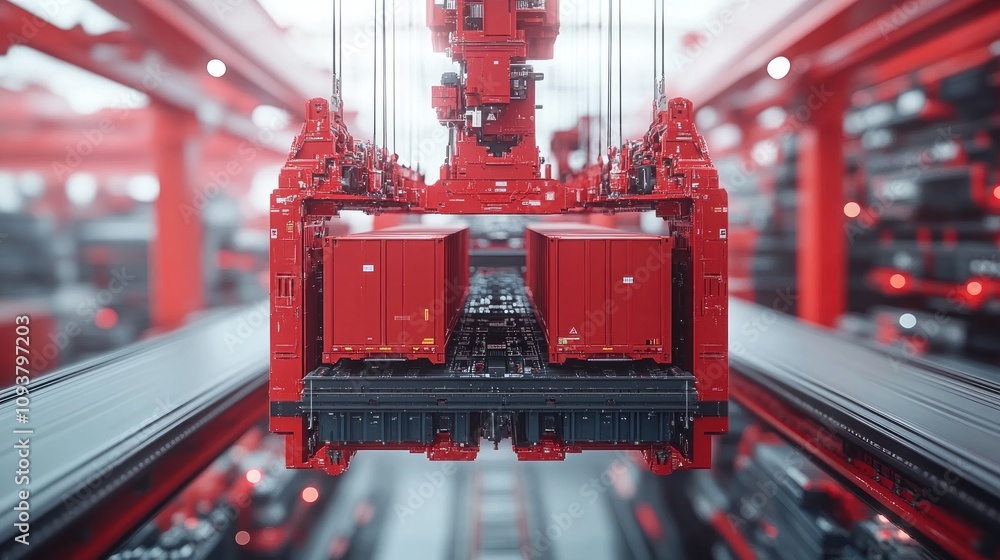 Poster robotic arm moving red containers in factory.
