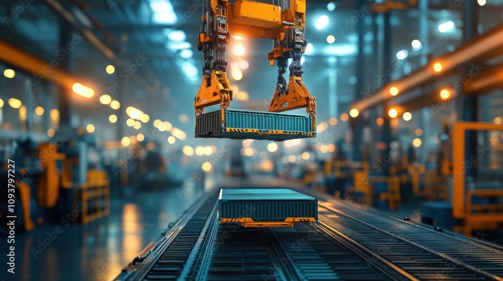 Poster robotic arm placing component on assembly line.