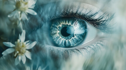 A soft gray-blue eye reflecting a serene landscape with subtle radial patterns.
