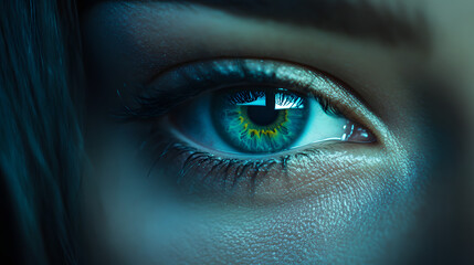 A soft teal eye with a gradient of blue and green hues blending together.