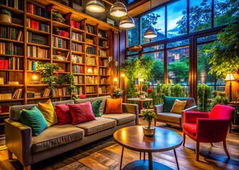 Bright and Inviting Bookstore Cafe at Night with Cozy Seating and Warm Lighting, Perfect for Reading and Relaxing in a Charming Atmosphere