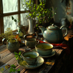 cozy table with cups and teapot on a wooden table, tea party, vintage style 