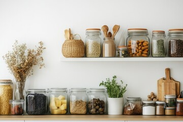 sustainable kitchen design with a focus on zero-waste solutions, including glass storage jars and composting bins, minimal background with copy space