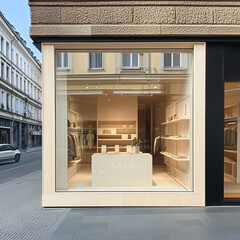 Beige winter shop front mockup, small store facade template for branding and business presentation, view of big window in European street