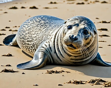 Grey seal (Halichoerus grypus), young animal lies on the beach, island Duene, Helgoland, Lower Saxony, Germany, Europe