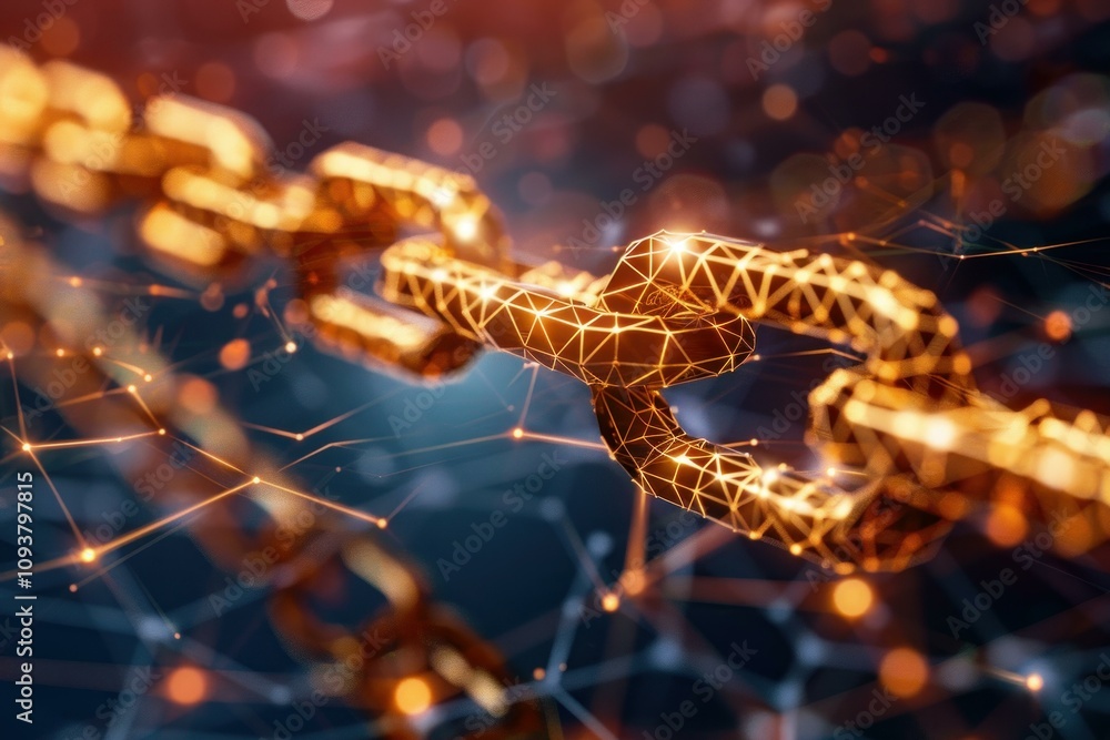 Poster golden chain is glowing over a network, representing blockchain technology