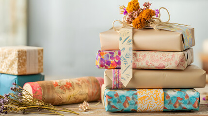 A stack of gifts wrapped in kraft paper with colorful washi tape designs and dried flowers.