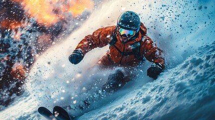 A snowboarder is riding down the mountain quickly, in an action shot with a cinematic feel. 