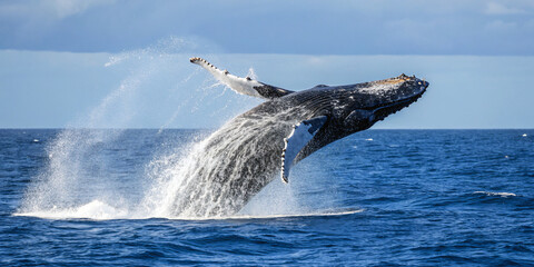 Fototapeta premium humpback whale breaching out of the deep blue ocean
